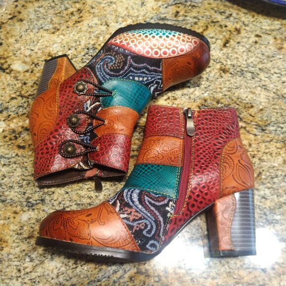 Womens US 6 2020 Vintage Printed Buttons Blok Heel Bootie Ankle Boots Shoes - Picture 6 of 12